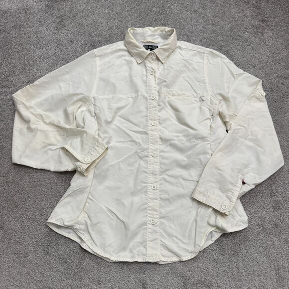 REI UPF 30+ Nylon Button Down Shirt Womens Medium Off White Zip Pocket Outdoor - Picture 1 of 16